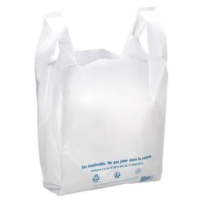 Sachet bretelle blanc PEBD 50 microns — sortie de caisse